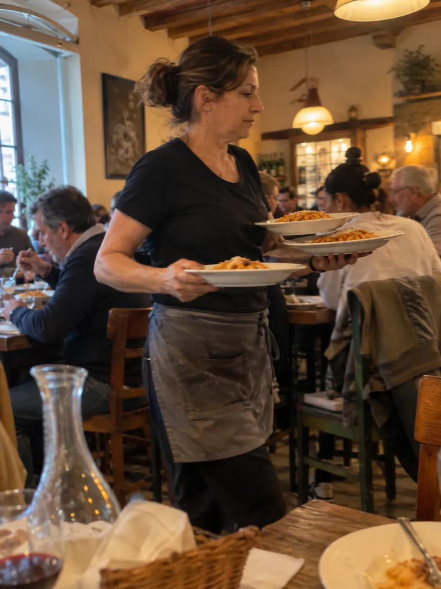Cameriera che attraversa la sala piena portando tre piatti